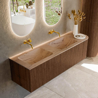 MONDIAZ KURVE-DLUX Meuble de salle de bains 155cm arrondi à droite couleur Walnut avec 2 tiroirs et 1 porte. Lavabo LEAF Double / Gauche sans trou de robinet Arena.
