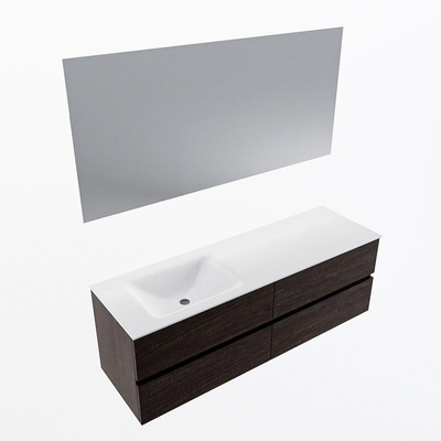 Mondiaz VICA ensemble de meuble de salle de bain - 150cm - meuble sous-vasque marron foncé - 4 tiroirs - lavabo cloud gauche - sans trous de robinet - couleur talc - miroir LED - version XL 60cm de haut