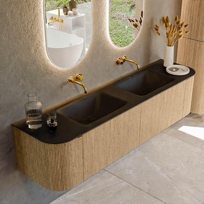 MONDIAZ KURVE 180cm badmeubel met module 25 Len R kleur Oak met 2 lades en 2 deuren. Wastafel CLOUD dubbel zonder kraangat Urban.