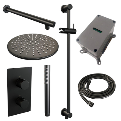 Brauer Black Edition Ensemble de douche pluie encastré - douche principale 30cm - bouton lisse - douchette à main 1 fonction - barre de douche - noir mat