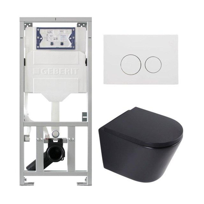 QeramiQ Dely Toiletset - 36.3x51.7cm - diepspoel - rimless - Geberit UP320 inbouwreservoir - softclose toilet zitting - 35mm - mat witte bedieningsplaat - ronde knoppen - mat zwart