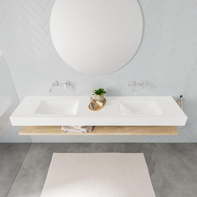 MONDIAZ ALAN 200cm - Ensemble meuble de salle de bains - tablette - chêne blanchi - lavabo suspendu - 2 vasques - 0 trous de robinet - talc