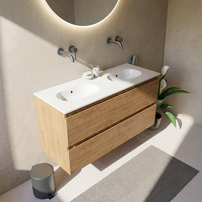 Saniclass Holz Pure Ensemble de meubles de salle de bains - 120x45x74cm - lavabo Chaci en céramique blanc - 2 vasques - sans trous de robinetterie - 4 tiroirs - chêne natural mat (bois)