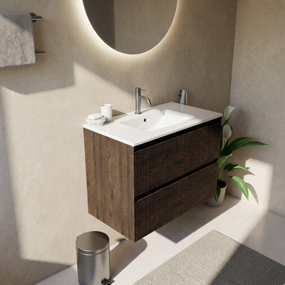 Saniclass Holz Atelier Ensemble meuble de salle de bains - 80x45x62cm - Lavabo Vygo en céramique blanc - 1 vasque - 1 trou de robinetterie - 2 tiroirs - chêne charcoal mat (bois)