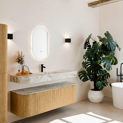 MONDIAZ THOR-DLUX 150cm meuble de salle de bains arrondi gauche + droite couleur Oak avec 1 tiroir et 2 portes. Vasque suspendue CLOUD Milieu 1 trou de robinet couleur Glace.