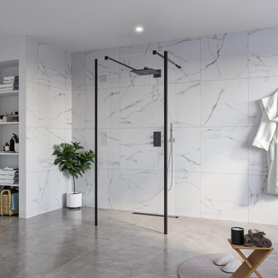 FugaFlow Eccelente Vetro Douche à l'italienne - 90x200cm - verre clair - anticalcaire - verre de sécurité 8mm - 2 parois latérales 30cm - avec bras muraux et profilés d'angle - Noir mat