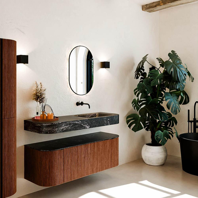 MONDIAZ THOR-DLUX 130cm meuble de salle de bains arrondi gauche + droite couleur Ruby avec 1 tiroir et 2 portes. Vasque suspendue CLOUD Droite sans trou de robinet couleur Lava.