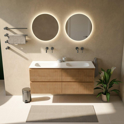 Saniclass Holz Atelier Ensemble meuble de salle de bains - 140x45x61.5cm - lavabo Flow en solid surface blanc - 2 vasques - sans trous de robinetterie - 4 tiroirs - chêne natural mat (bois)
