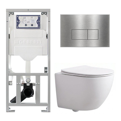 Pack WC QeramiQ Dely Swirl Compact - réservoir encastrable Geberit UP320 - avec bâti-support Burda - abattant slim - plaque de commande en métal inox - boutons rectangulaires - blanc mat