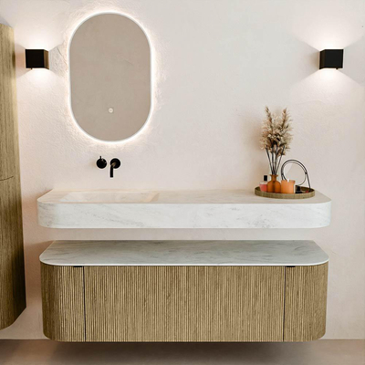 MONDIAZ THOR-DLUX 150cm meuble de salle de bains arrondi gauche + droite couleur Dusk avec 1 tiroir et 2 portes. Vasque suspendue CLOUD Gauche sans trou de robinet couleur Opalo.