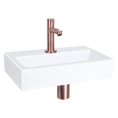 Differnz Flat Set lave-mains 38x24x8cm 1 trou avec robinet droit et siphon + bonde cuivre rose Rectangulaire Céramique Blanc