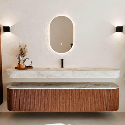 MONDIAZ THOR-DLUX 200cm badmeubel ronding links + rechts kleur Ruby met 2 lades en 2 deuren. Vrijhangende wastafel CLOUD Midden 1 kraangat kleur Frappe.