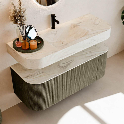 MONDIAZ THOR-DLUX 120cm meuble de salle de bains arrondi gauche + droite couleur Shadow avec 1 tiroir et 2 portes. Vasque suspendue CLOUD Milieu 1 trou de robinet couleur Ostra.