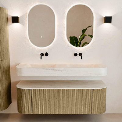 MONDIAZ THOR-DLUX 140cm meuble de salle de bains arrondi gauche + droite couleur Dusk avec 1 tiroir et 2 portes. Vasque suspendue CLOUD Double sans trou de robinet couleur Meli.