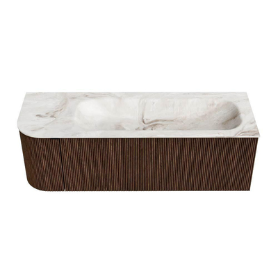 MONDIAZ KURVE-DLUX meuble de salle de bains 135 cm avec module 25 L couleur Walnut avec 1 tiroir et 1 porte. Lavabo BIG MEDIUM à droite 1 trou de robinet couleur Frappe.