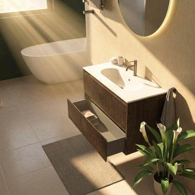 Saniclass Holz Atelier Ensemble meuble de salle de bains - 100x45x73.9cm - lavabo en céramique Chaci blanc - 1 vasque - 1 trou de robinetterie - 2 tiroirs - chêne charcoal mat (bois)