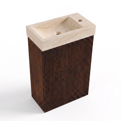 Saniclass Holz Atelier Ensemble de meuble de toilettes - 40x60.5cm - 1 porte - lave-mains travertin - trou de robinet à droite - chêne charcoal