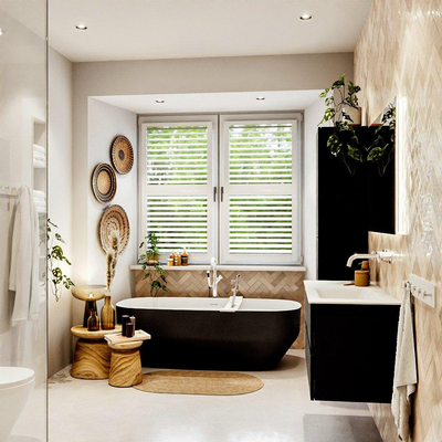 MONDIAZ VICA meuble sous lavabo 100cm Urban 2 tiroirs. Lavabo CLOUD à droite sans trou de robinet, couleur Talc.