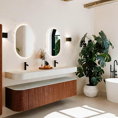 MONDIAZ THOR-DLUX 180cm meuble de salle de bains arrondi gauche + droite couleur Ruby avec 2 tiroirs et 2 portes. Vasque suspendue CLOUD Double 2 trous de robinet couleur Opalo.