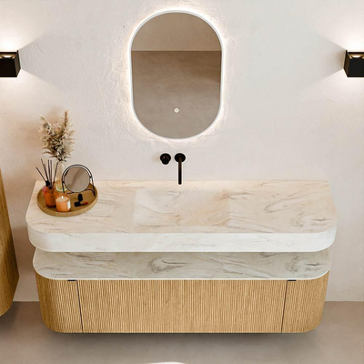 MONDIAZ THOR-DLUX 160cm badmeubel ronding links + rechts kleur Oak met 1 lade en 2 deuren. Vrijhangende wastafel CLOUD Midden zonder kraangat kleur Ostra.