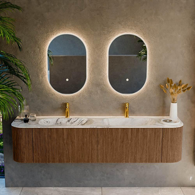 MONDIAZ KURVE-DLUX 190cm Meuble salle de bain avec module 25 G et D - couleur Walnut - 2 tiroirs - 2 portes - vasque STOR SMALL double - 2 trous de robinet - couleur Glace