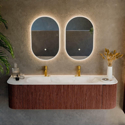 Mondiaz KURVE-DLUX Badkamermeubelset - 170x46x40cm - 1 lade - 2 deuren - wastafel solid surface - midden - 2 kraangaten - Ruby