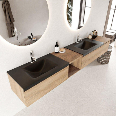MONDIAZ BUKLA 240cm ensemble de meuble avec module ouvert 40 gauche couleur Chêne blanchi avec 3 tiroirs. Lavabo CLOUD double 2 trous de robinet couleur Urbaine.