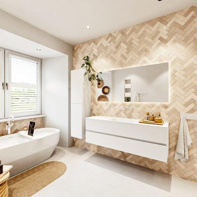 MONDIAZ VICA meuble sous lavabo 150cm Talc 2 tiroirs. Lavabo CLOUD au centre sans trou de robinet, couleur Talc.