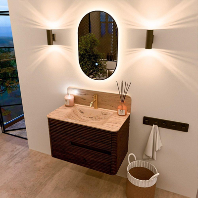 Mondiaz CIRO-DLUX Meuble de salle de bains - 80x45x50cm - Plan-vasque en solid surface Arena - 1 vasque Centrale - 1 trou de robinet - 2 tiroirs - Noyer