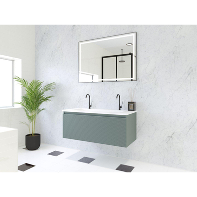 HR Matrix ensemble meuble de salle de bain 3d 100cm 1 tiroir sans poignée avec bandeau de poignée couleur pétrole mat avec lavabo fin 2 trous de robinetterie blanc