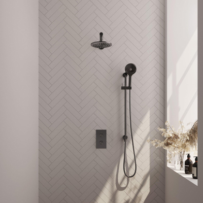 Brauer Gunmetal Edition Ensemble de douche de tête encastré - douche de tête 20 cm - bouton lisse - douchette ronde 3 jets - barre de douche - PVD - gunmetal brossé