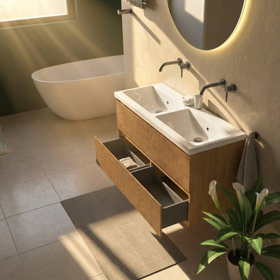 Saniclass Holz Atelier Ensemble de meubles de salle de bains - 120x45x63.5cm - Bari lavabo en céramique blanc - 2 vasques - sans trous de robinet - 2 tiroirs - chêne naturel mat (bois)