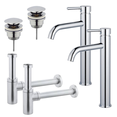 FugaFlow Eccelente Sobrado Kit robinet lavabo - pour double vasque - robinet rehaussé - bonde clic clac - siphon design - Chrome brillant