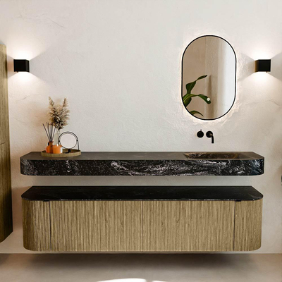 MONDIAZ THOR-DLUX 190cm meuble de salle de bains arrondi gauche + droite couleur Dusk avec 2 tiroirs et 2 portes. Vasque suspendue CLOUD Droite sans trou de robinet couleur Lava.