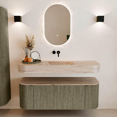 MONDIAZ THOR-DLUX 130cm meuble de salle de bains arrondi gauche + droite couleur Shadow avec 1 tiroir et 2 portes. Vasque suspendue CLOUD Milieu sans trou de robinet couleur Saba.