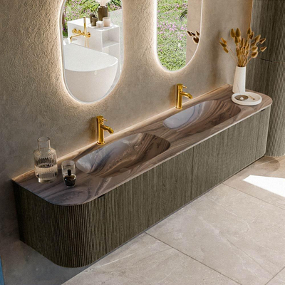 MONDIAZ KURVE-DLUX Meuble de salle de bains 200cm arrondi gauche + droite couleur Shadow avec 2 tiroirs et 2 portes. Lavabo STOR SMALL Double 2 trous de robinet Sombra.