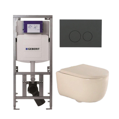 QeramiQ Dely Swirl Toiletset - 36.3x51.7cm - Geberit UP320 inbouwreservoir - met Burda frame - 35mm zitting - bedieningsplaat mat antraciet - ronde knoppen - beige