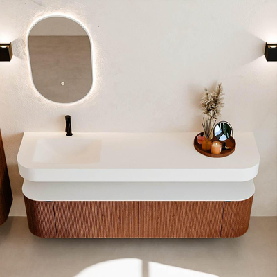 MONDIAZ THOR 180cm meuble de salle de bains arrondi gauche + droite couleur Ruby avec 2 tiroirs et 2 portes. Vasque suspendue CLOUD Gauche 1 trou de robinet couleur Talc.