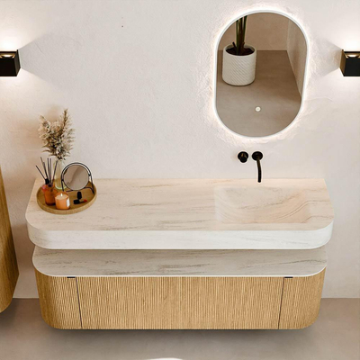 MONDIAZ THOR-DLUX 160cm badmeubel ronding links + rechts kleur Oak met 1 lade en 2 deuren. Vrijhangende wastafel CLOUD Rechts zonder kraangat kleur Meli.