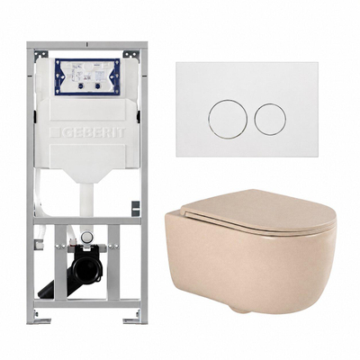 QeramiQ Dely Swirl Ensemble WC - 36.3x51.7cm - Réservoir encastré Geberit UP320 - Abattant fin- Plaque de commande en métal blanc mat - Boutons ronds - Beige