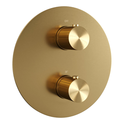 BRAUER Stripe Douche de tête thermostatique encastrée - 3 voies - ronde - pomme de douche 25cm - bras mural courbé - douchette 3 positions - flexible de douche - barre coulissante intégrée - PVD brossé or