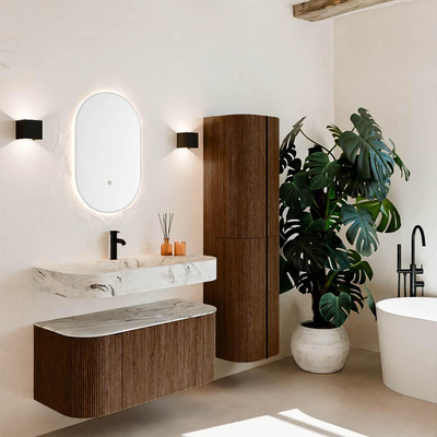 MONDIAZ THOR-DLUX 100cm badmeubel ronding links + rechts kleur Walnut met 1 lade en 2 deuren. Vrijhangende wastafel CLOUD Midden 1 kraangat kleur Glace.