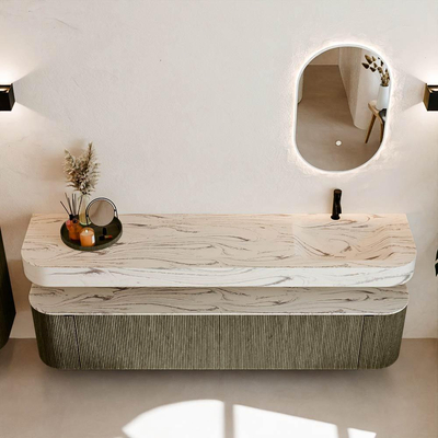 MONDIAZ THOR-DLUX 200cm meuble de salle de bains arrondi gauche + droite couleur Shadow avec 2 tiroirs et 2 portes. Vasque suspendue CLOUD Droite 1 trou de robinet couleur Nata.