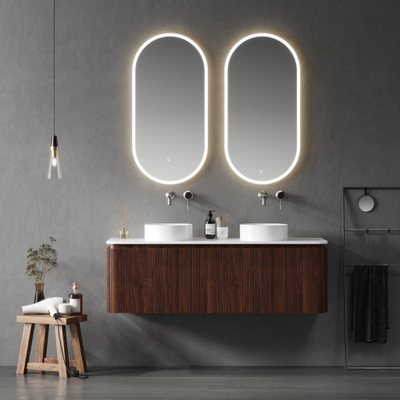 Royal Plaza Terra Edge Badkamermeubelset - 140x44.7x46cm - solid surface wastafel wit mat - 2 wasbakken - zonder kraangaten - 2 lades - kastanje (walnoot)