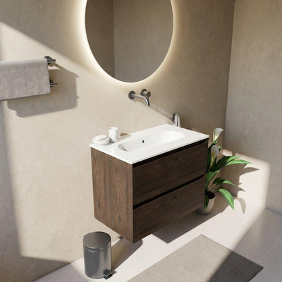 Saniclass Holz Pure Ensemble de meubles de salle de bains - 80x45x73.9cm - Lavabo en céramique Chaci blanc - 1 vasque - sans trou de robinetterie - 2 tiroirs - chêne charcoal mat (bois)