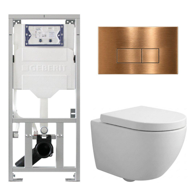 Pack WC QeramiQ Dely Swirl Compact - réservoir encastrable Geberit UP320 - avec bâti-support Burda - abattant 25 mm - plaque de commande en métal cuivre - boutons rectangulaires - blanc mat