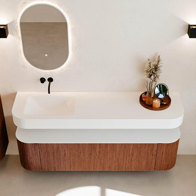 MONDIAZ THOR Meuble de salle de bains 170cm arrondi gauche + droite couleur Ruby avec 1 tiroir et 2 portes. Vasque suspendue CLOUD Gauche sans trou de robinet couleur Talc.