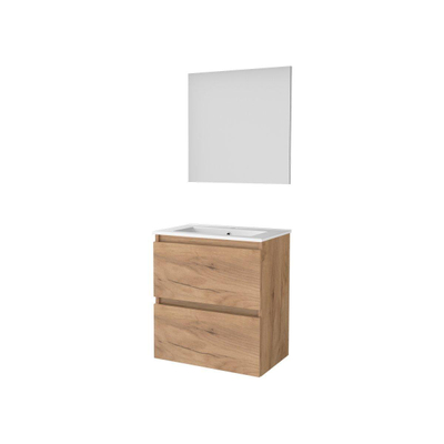 Basic-Line Basic 39 ensemble de meubles de salle de bain 60x39cm sans poignée 2 tiroirs lavabo en porcelaine 1 trou pour robinet miroir mfc whisky oak