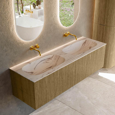 MONDIAZ KURVE-DLUX 150cm meuble de salle de bains couleur Dusk avec 2 tiroirs et 0 portes. Lavabo STOR SMALL Double sans trou de robinet Nata.