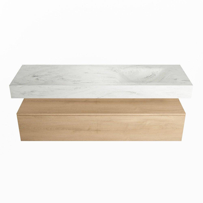 MONDIAZ ALAN - DLUX Badkamermeubelset - 150cm - onderkast - Washed Oak - 1 lade - vrijhangende wastafel - wasbak rechts - 1 kraangat - Opalo